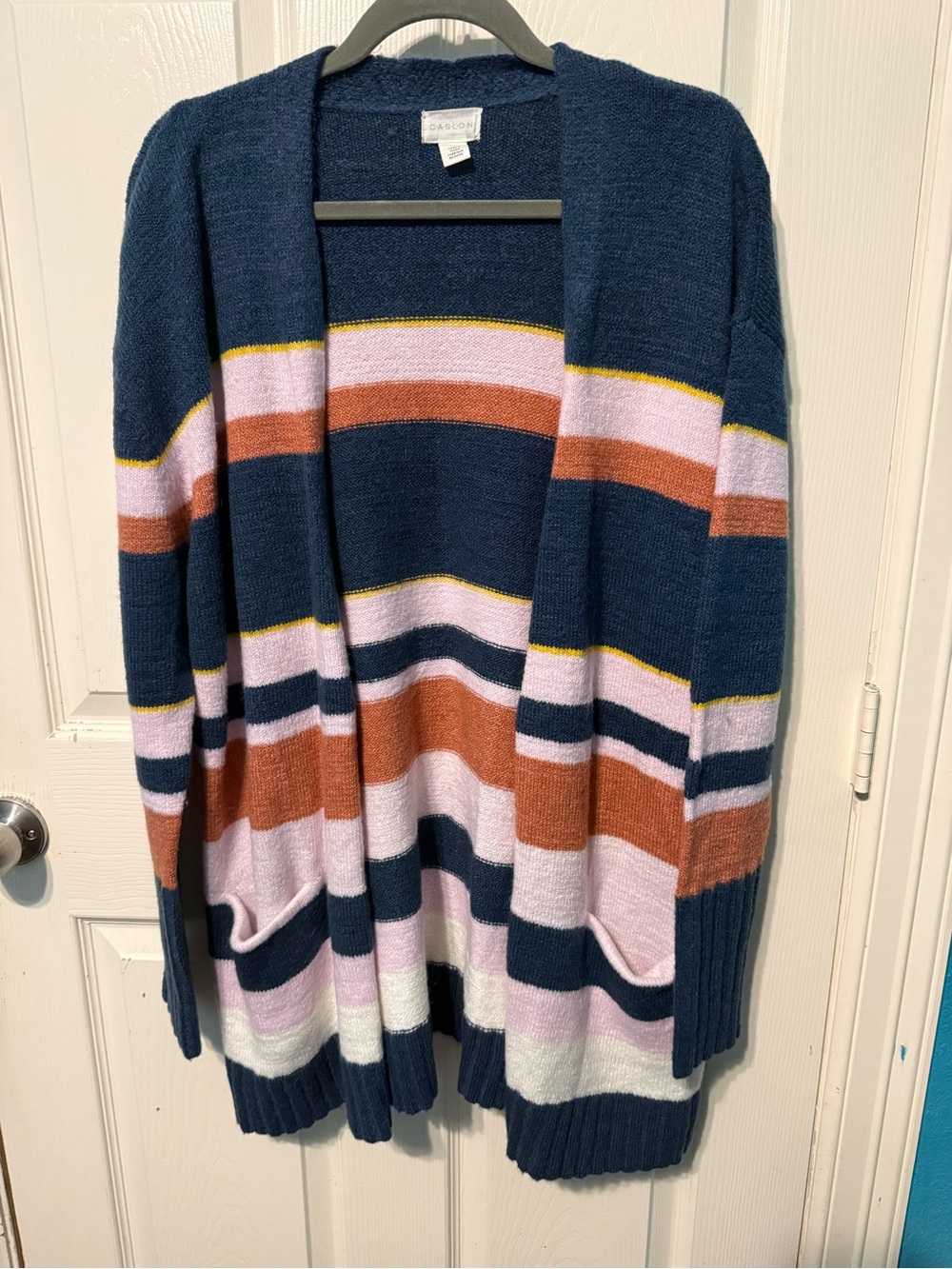 Caslon- Navy Multicolor Striped Open Cardigan